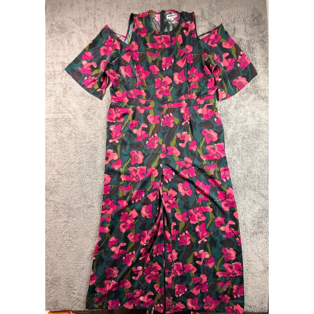 Rebdolls Plus Size 3X Cold Shoulder Floral Satin Wide Leg Jumpsuit Romper Teal